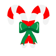 An image of two Christmas candy canes tied with a green bow. Holiday symbol