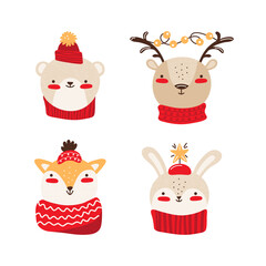Collection cute cartoon woodland characters isolated on white background. Happy baby animals for Christmas or New year. Deer, hare, rabbit, fox, bear with winter accessories. Vector flat illustration.