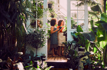Black women, plants and greenhouse to relax, small business owner and shop florist. African American female, ladies and nature for vegetation, flora or botanic garden for talk, flowers or sustainable