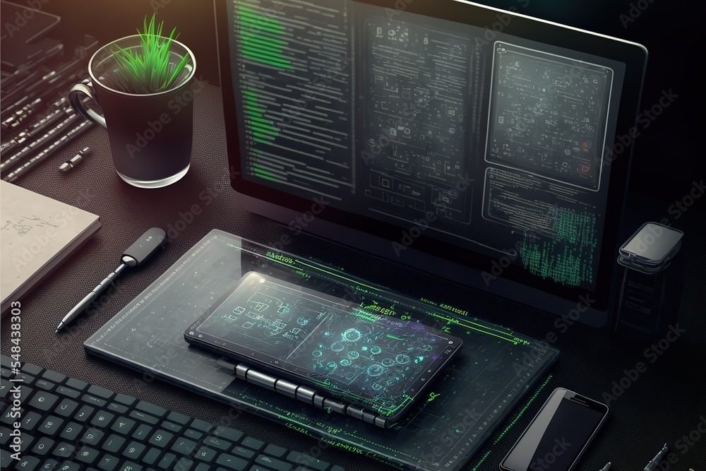 Aufkleber Software development technology concept. Futuristic programming, coding, testing application. 3d illustration