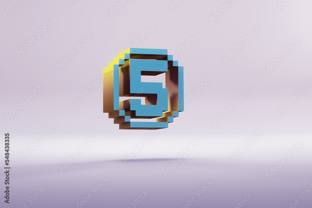 Leinwandbilder beautiful illustration blue pixel number 5 symbol icons on a bright pink background. 3d rendering il