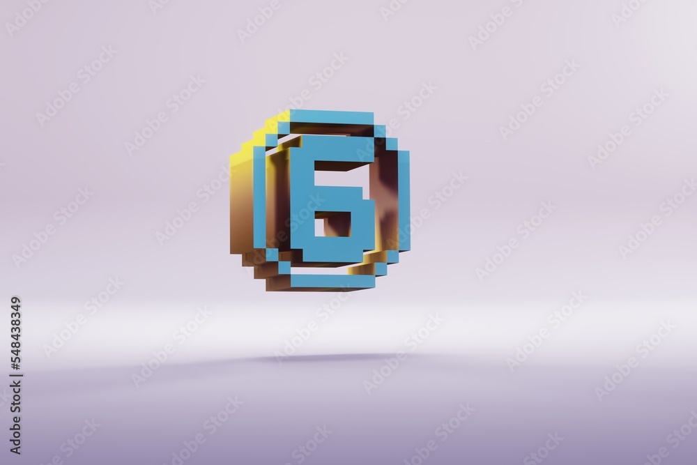 Poster beautiful illustration blue pixel number 6 symbol icons on a bright pink background. 3d rendering il
