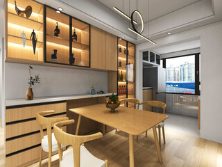 3D rendering, Nordic wooden style restaurant design