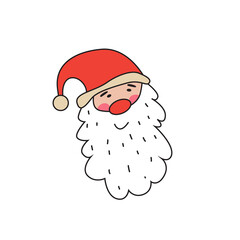 Cute Winter Holidays Illustration with Santa Claus Head in a Red Hat. Vector funny doodle for holidays postcard, invitation, sticker, t-shirt
