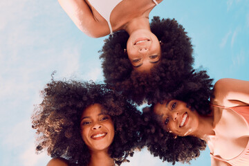 Blue sky, friends and portrait of group of black women enjoy summer holiday, vacation and weekend outdoors. Freedom, beauty and face of girls in circle having fun, adventure and happiness in nature