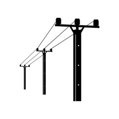 High voltage power electric pole transmit electricity on white background shadow silhouette black icon flat vector design.
