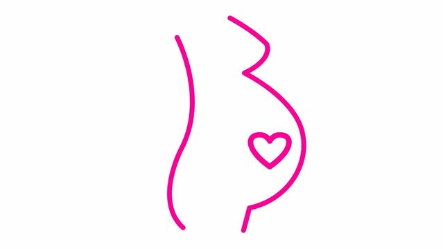 Animated pink linear pregnant with baby heart. Looped video of heartbeating. Concept of pregnancy, motherhood. Vector illustration isolated on the white background.