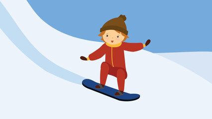 Fototapeta premium A boy on a snowboard descends from a snowy hill