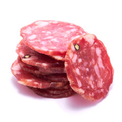 Sliced Smoked dry Salami sausage isolated on white background
