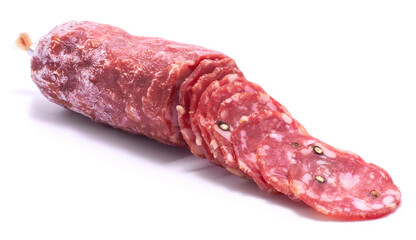 Sliced Smoked dry Salami sausage isolated on white background