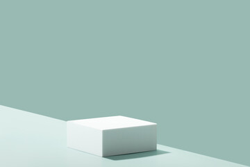 Abstract empty white podium on blue background. Mock up stand for product presentation. 3D Render. Minimal concept