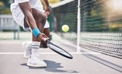 Tennis, fitness and black man hands in an outdoor sports court game doing training and workout. Wellness exercise and cardio energy of an athlete on a tennis court in a professional competition - Powered by Adobe