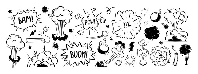 Comic explosions and bombs set. Speech bubbles with the words bom, boom, pow. Vector doodle illustration