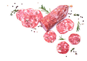 Sliced Smoked dry Salami sausage isolated on white background