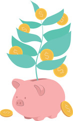 Money tree grows from a piggy bank. Vector illustration of profit and financial savings