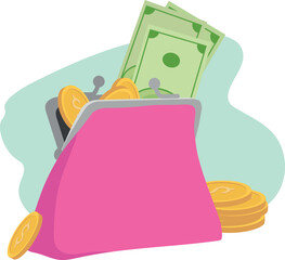 Ladies wallet for money. Vector illustration of dollars in a wallet. Cash bills and gold coins