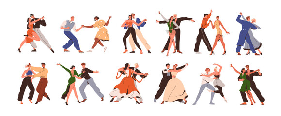 Couple dances set. Dancers in pairs, men and women partners, duets performing tango, bachata, waltz, lindy hop, rumba, samba styles to music. Flat vector illustrations isolated on white background