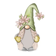 Spring Gnome Isolated On A White Background Hand Drawn Illustration	