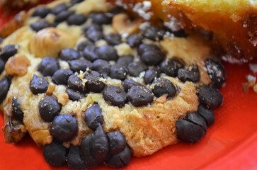 Chocolate chip cookie with hazelnuts.