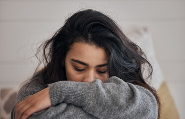 Woman, stress and depression in lonely mental health problems, issues or anxiety at home. Sad female face suffering from loneliness, withdrawal or abuse with depressed emotion alone in the bedroom - obrazy, fototapety, plakaty