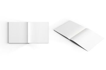 Blank empty white square soft cover book or magazine mockup isolated on white background. front, side and back view. open and closed magazine. Catalog, portfolio, menu mockup template. 3d rendering.