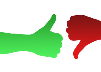Two isolated silhouette hands making opposite gestures: a thumb up (green, ok, positive) and down (red, no, negative). Color gradients.