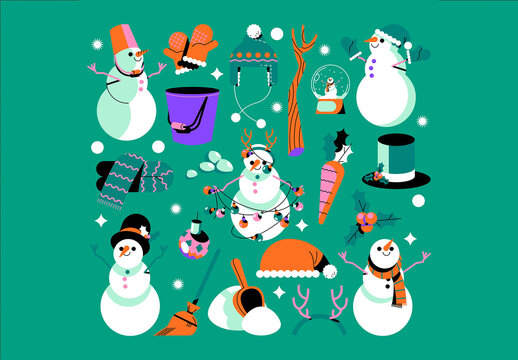 Turquoise Flat Snowman Illustration Asset