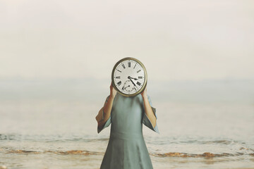 surreal woman with clock in place of face checks time pass - 548441755