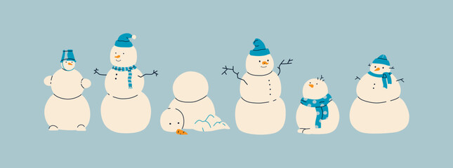 Various snowman characters shapes. Winter outdoor activities for kids or family. Snow sculpture decorating with hat, scarf, brunches as arms and carrot as nose. Cartoon vector items are isolated. 