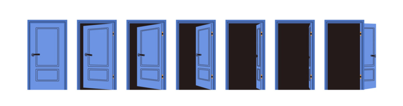 Door opening and closing set, stages sequence for animation. Doorway, entrance with doorknob locked, unlocked, ajar. Entry, exit in doorframe. Flat vector illustration isolated on white background