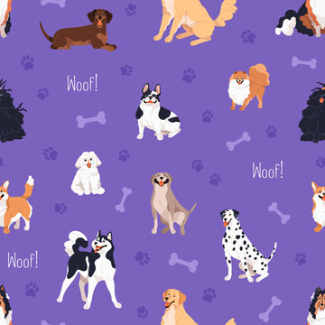 Cute dogs pattern. Seamless canine animal background, texture. Funny happy doggies pets, puppies breeds, repeating print design for textile, wrapping, wallpaper. Colored flat vector illustration