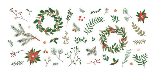 Fototapeta premium Fir branches, wreaths, leaf, Christmas decoration. Xmas floral design elements set. Tree twigs, leaves, berries, flowers, natural decor. Flat graphic vector illustrations isolated on white background