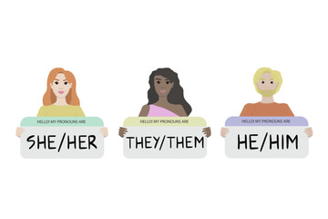 Gender pronouns. People holding sign with pronoun. Vector illustration for cards, posters, flyers, webs.
