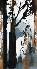 Abstract trees. Watercolor, gouache, gold paint. Interior decoration. Texture of paint and paper.
