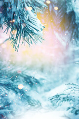Fototapeta na wymiar Christmas Tree. Cristmas New Year Winter blurred background. Magic winter snow landscape. Christmas greeting card. Christmas lights. Space for text.