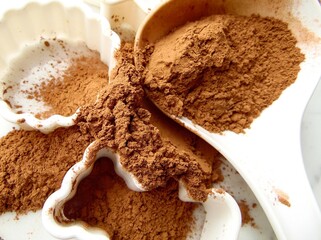 cocoa powder and baking molds in the form of a bear and a star on a light background