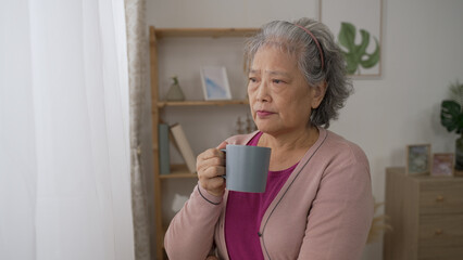 pensive asian elderly woman is pondering over a difficult decision with a worried look while having tea by the window at home during daytime. - Powered by Adobe