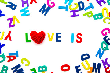 Wood Alphabet letters love valentine on white background. colorful letters toys. english font jigsaw. valentine greeting card copy space for add text message.