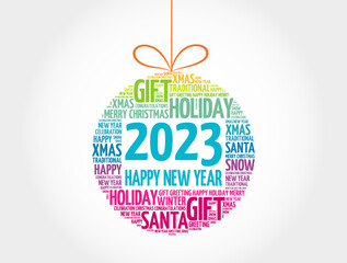 Happy New Year 2023, Christmas ball word cloud, holidays lettering collage