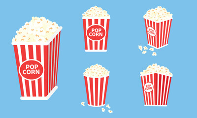 Set of box with popcorn. Red pack with popcorn for cinema or movie. Vector illustration. - obrazy, fototapety, plakaty
