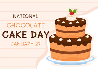 National Chocolate Cake Day Celebration On January 27 with Delicious Sweetness in Flat Cartoon Background Hand Drawn Templates Illustration