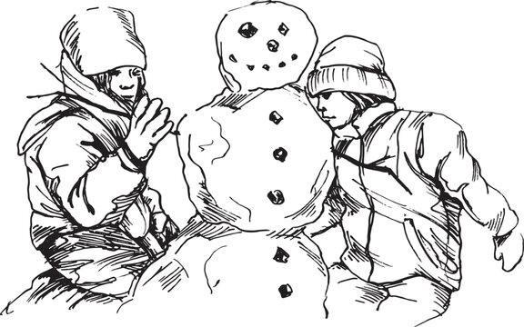 Hand drawn sketch of children building a snowman. Vector illustration.