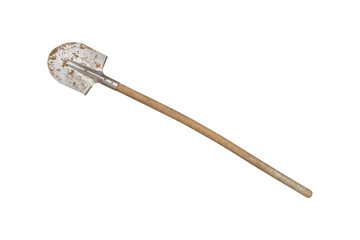 Used shovel in the ground with a bent arm isolated on a white background.