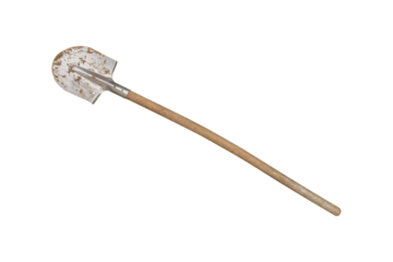Used shovel in the ground with a bent arm isolated on a white background.