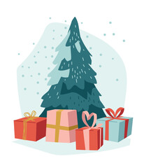 Christmas tree in the snow. Christmas gifts under the tree. New Year mood. Vector image.