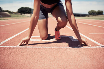 Black woman, athlete and hands on track to start race, running and outdoor for fitness, wellness or health. Exercise, African American female or girl ready for marathon, workout or training in summer