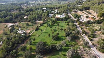 Drone shot of a typical landscape in Ibiza (Spain)