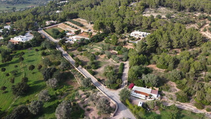 Drone shot of a typical landscape in Ibiza (Spain)