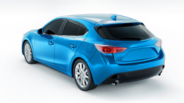 Tokyo. Japan. August 13, 2021. Mazda 3. Blue city car with blank surface for your creative design. 3D rendering.