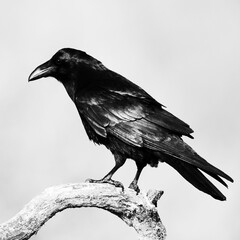 Fototapeta premium beautiful raven Corvus corax sitting on the branch North Poland Europe, old vintage filters - halloween 